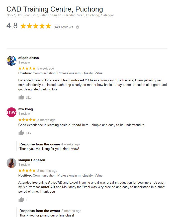 autocad class google review snippets for cad training centre